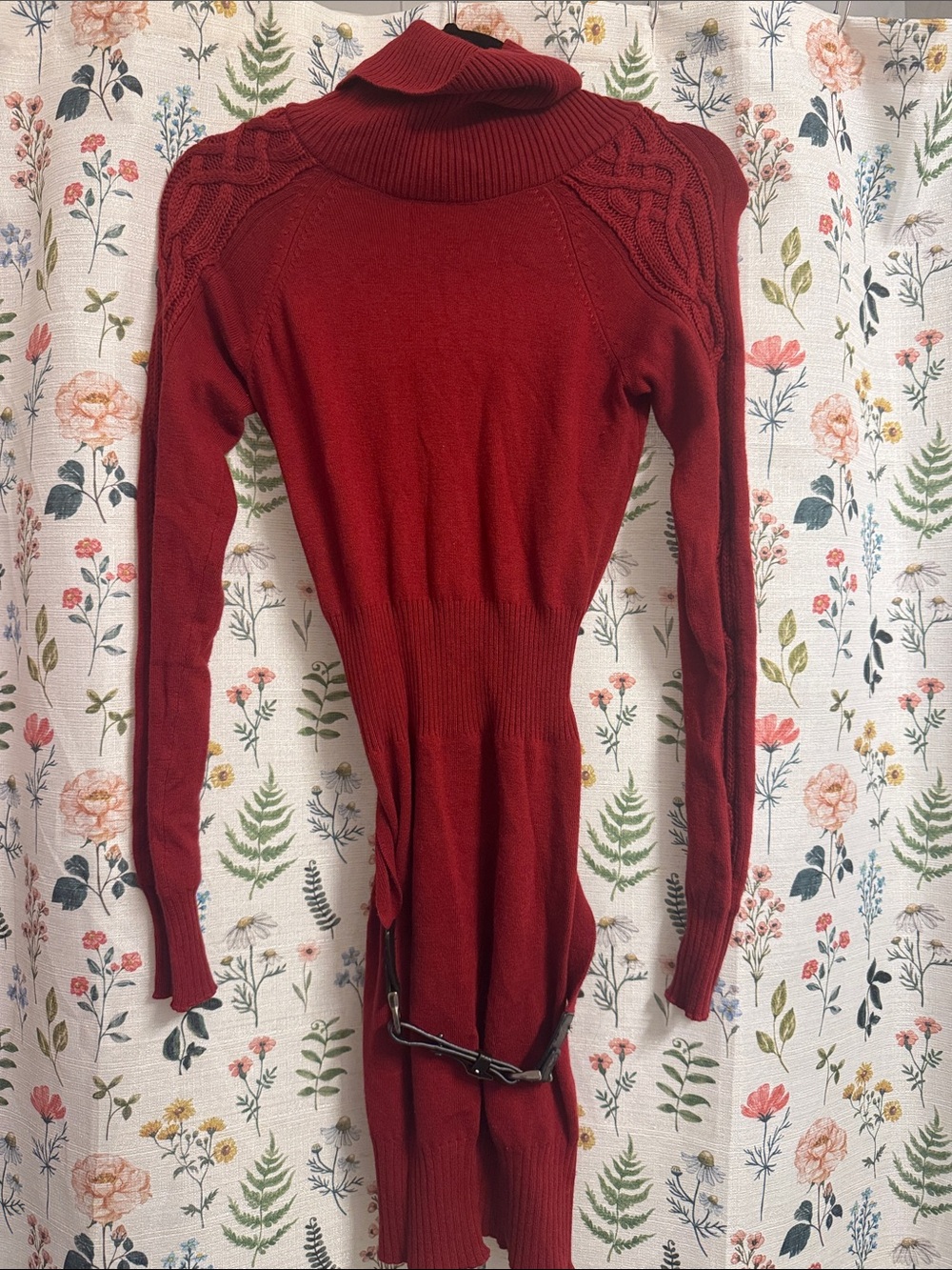le chateau Red Knit Turtleneck Belted Sweater Dress